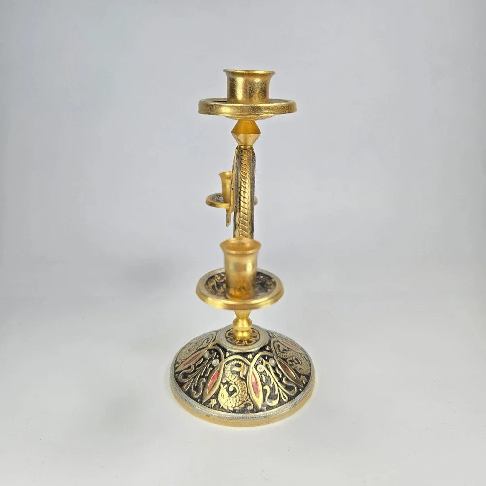 Vintage 10K Gold Gilded‎ 2-Arm Candelabra Russian Indian European Ornate  5.25